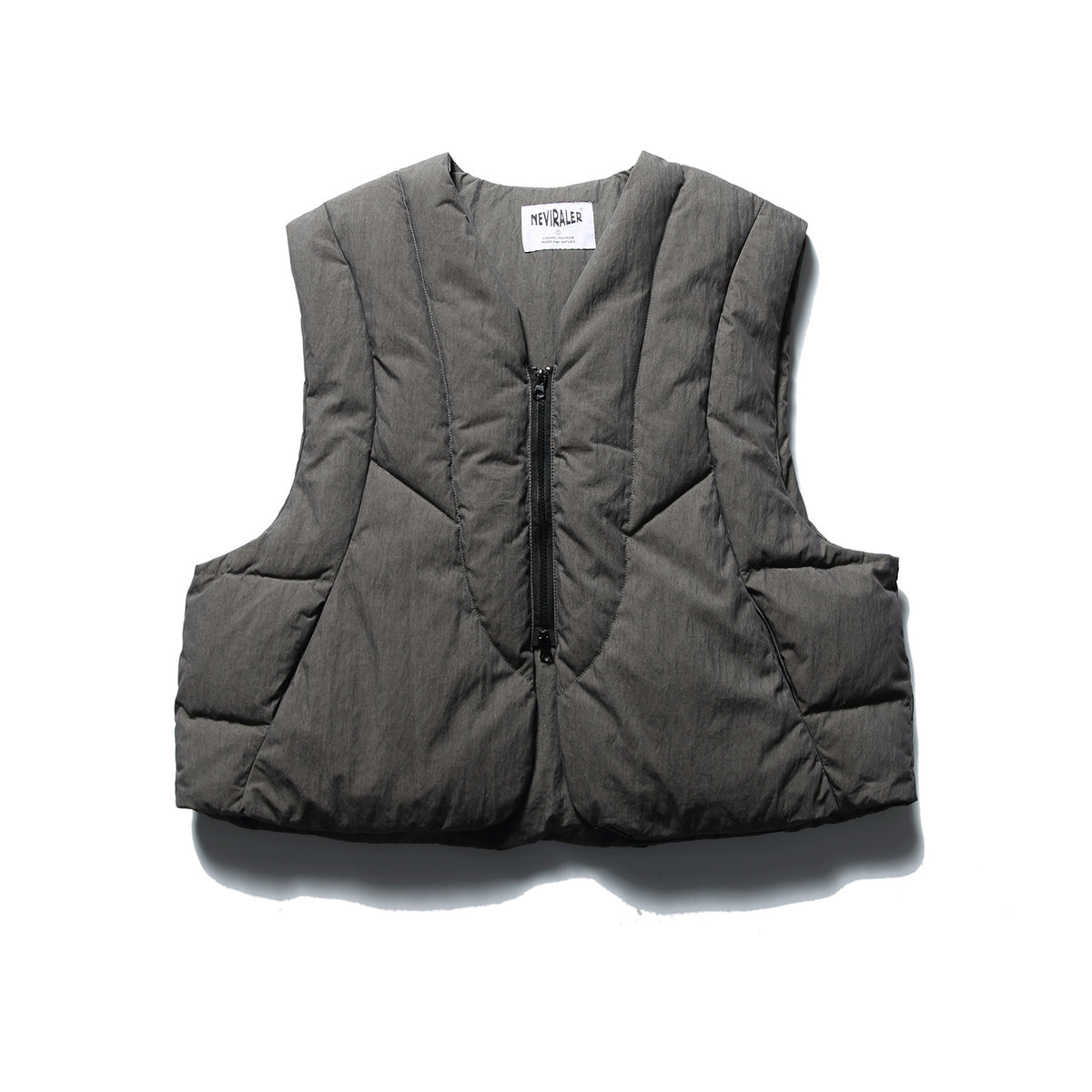 Gray quilted sleeveless vest with V-neck and black center zipper, flat front view