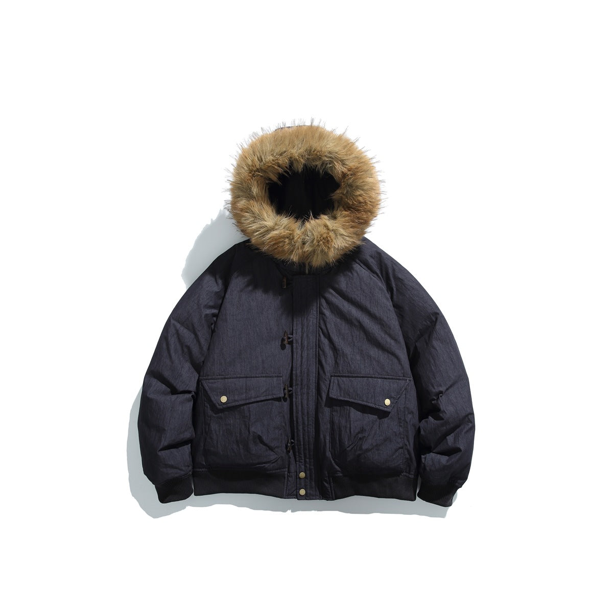 Navy hooded puffer jacket with fur-like hood trim, toggle closures and two snap flap pockets, front flat lay
