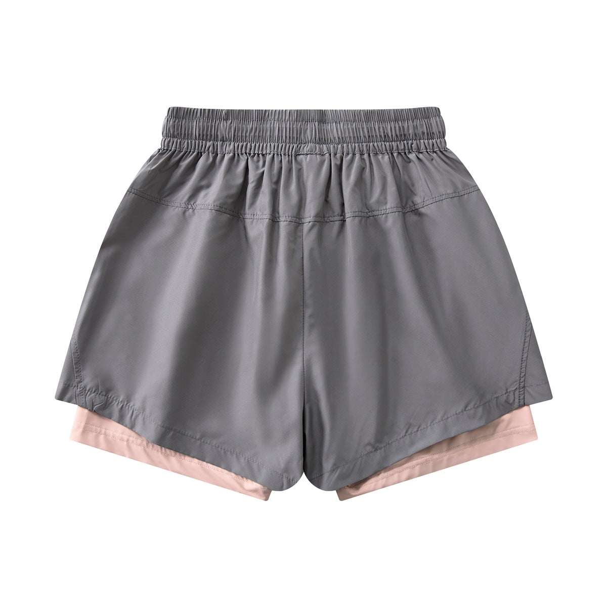 Back view of gray layered shorts with an elastic waistband and pale pink inner layer visible at the hems.