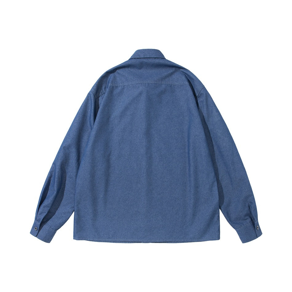 Back view of a blue long-sleeve button-up shirt with a yoke seam and buttoned cuffs.