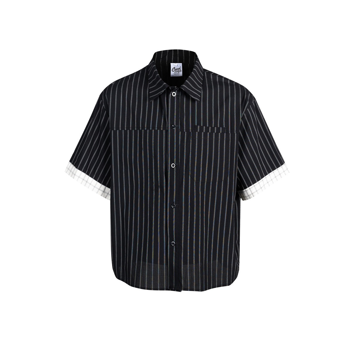 Black short-sleeve button-up shirt with white vertical stripes, chest pocket and white grid-check cuffs, front view