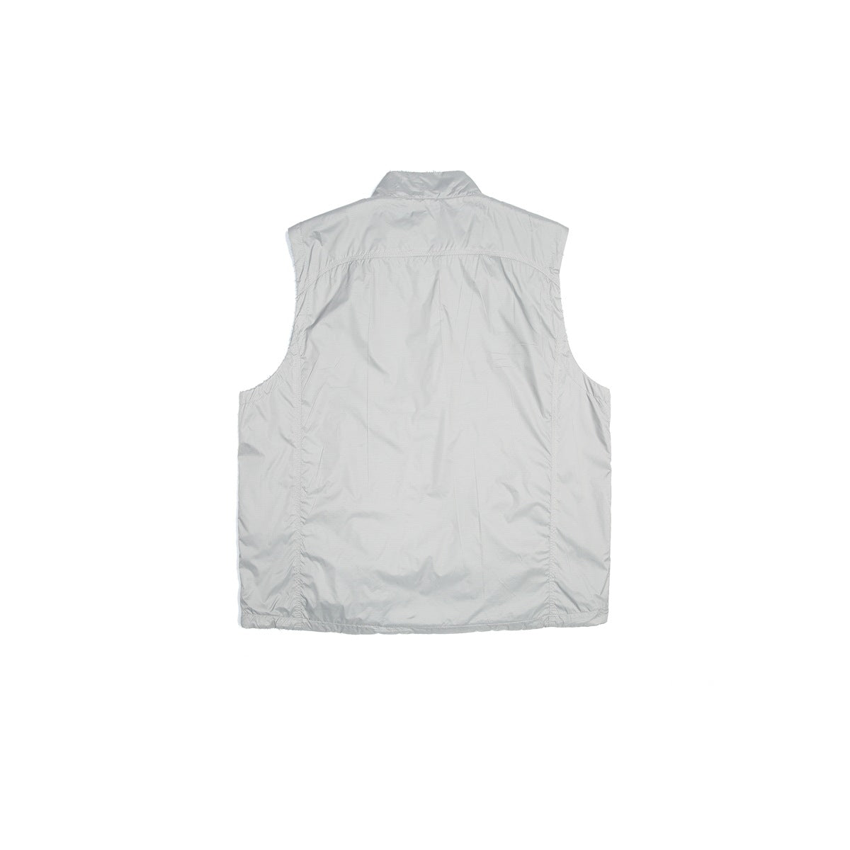 Back view of a light gray sleeveless vest with a stand collar.