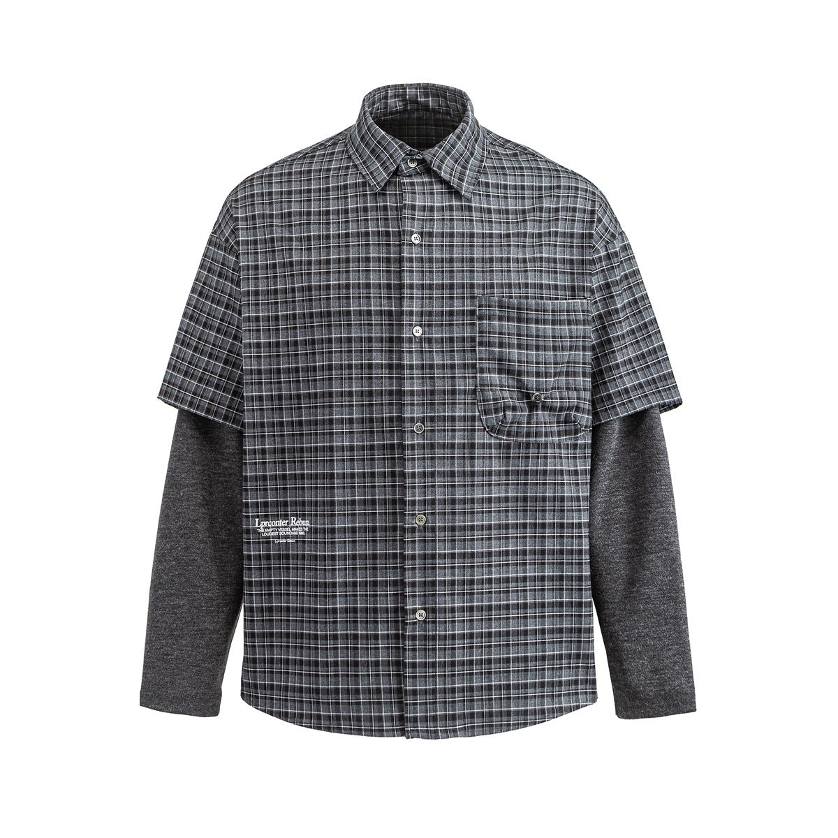 Gray and black plaid button-front shirt with charcoal layered long sleeves and flap chest pocket, flat front view