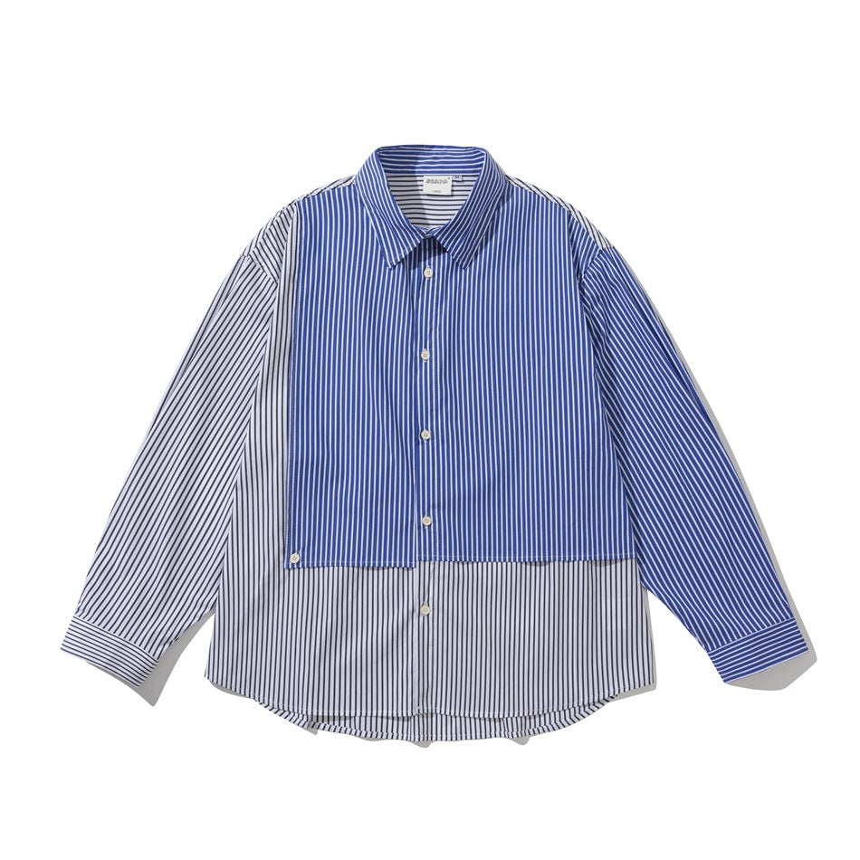 Blue and navy striped patchwork long-sleeve button-up shirt, flat front view with layered asymmetric panel