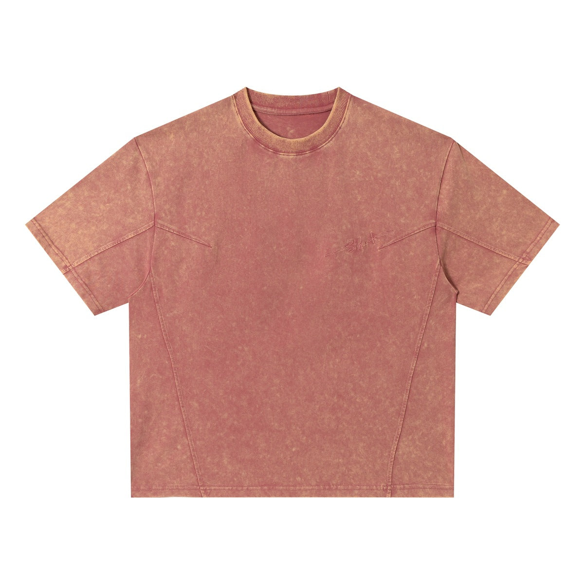 Washed red short-sleeve crew-neck T-shirt with mottled finish, panel seams and tonal chest embroidery