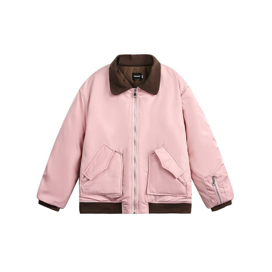 Pink zip-up jacket with brown collar, cuffs and hem, flap pockets and a sleeve zip pocket, flat front view