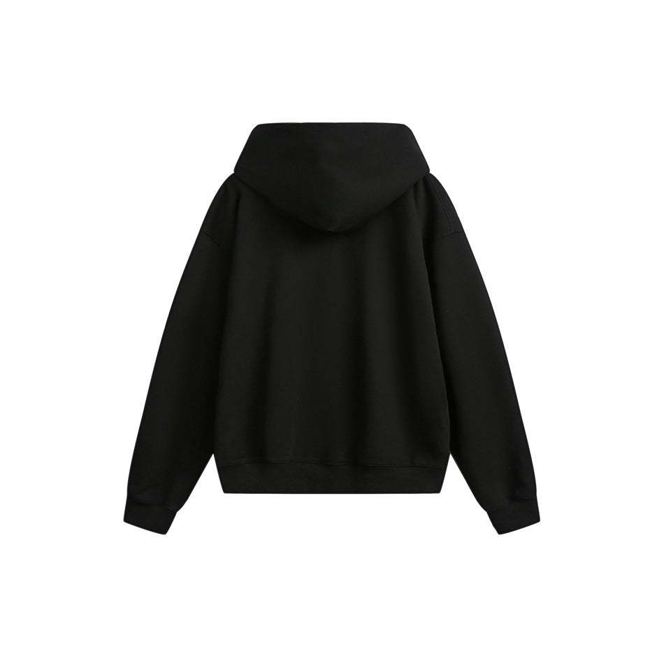 Back view of a plain black pullover hoodie with a hood, long sleeves, ribbed cuffs, and ribbed hem on white.