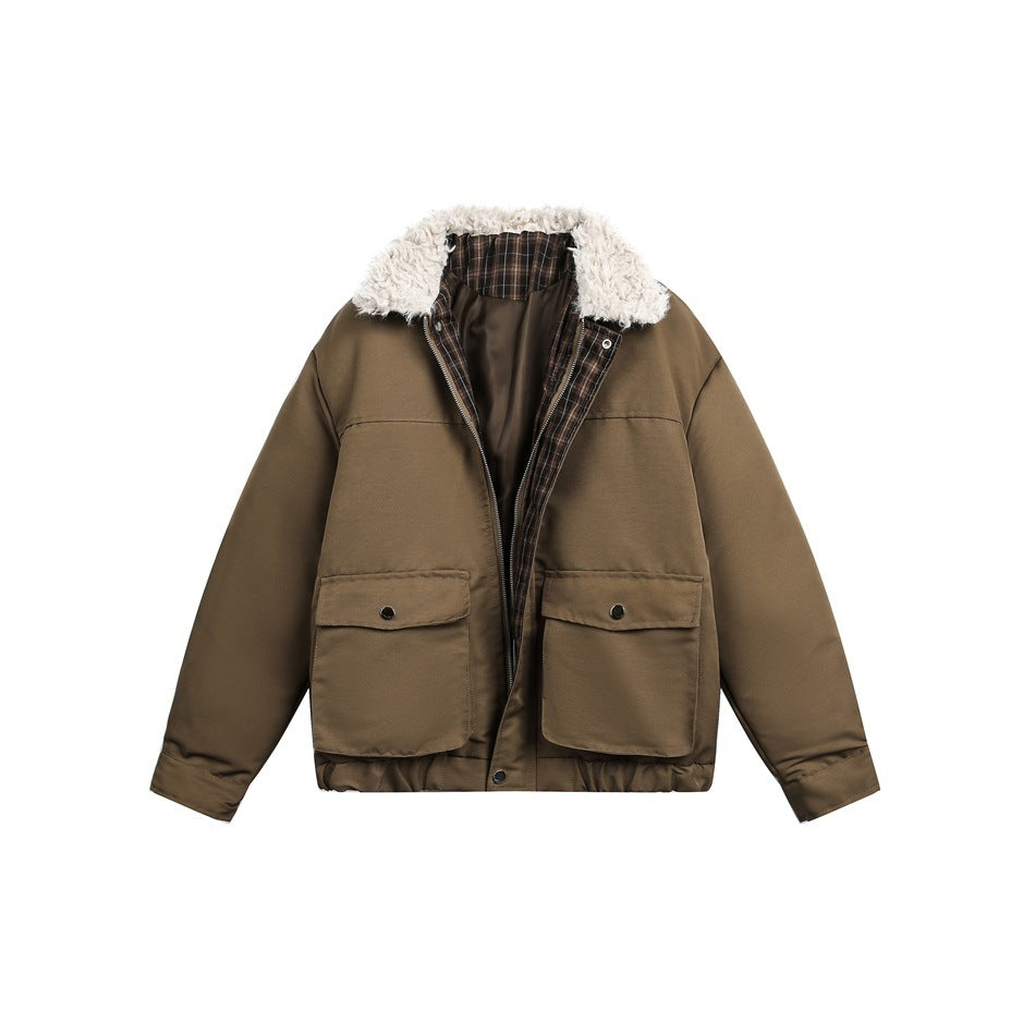 Front view of a mustard-brown jacket with a cream fleece collar, plaid lining, zip closure and two flap pockets.