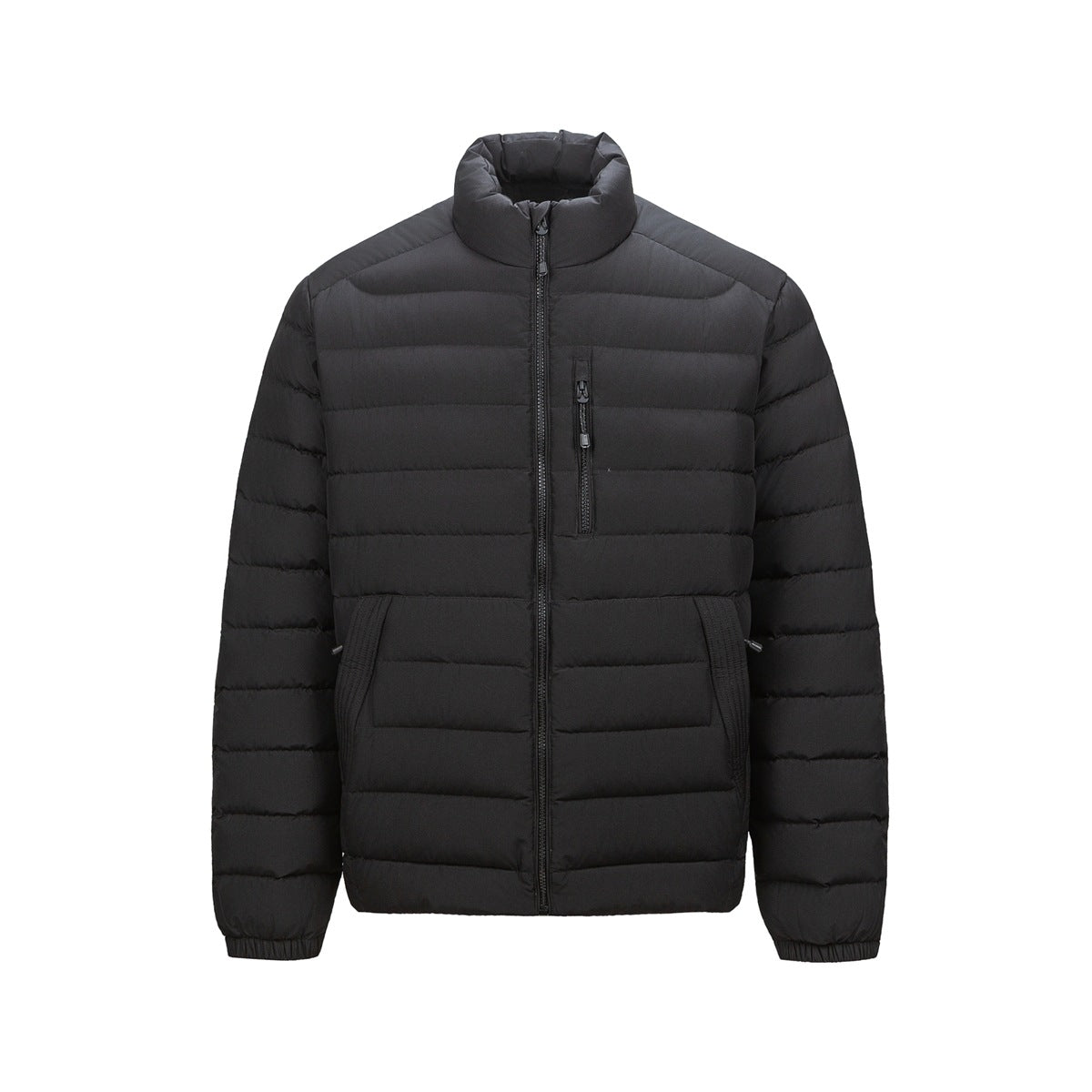 Black quilted stand-collar jacket with front zipper, chest pocket and elastic cuffs, front view on white