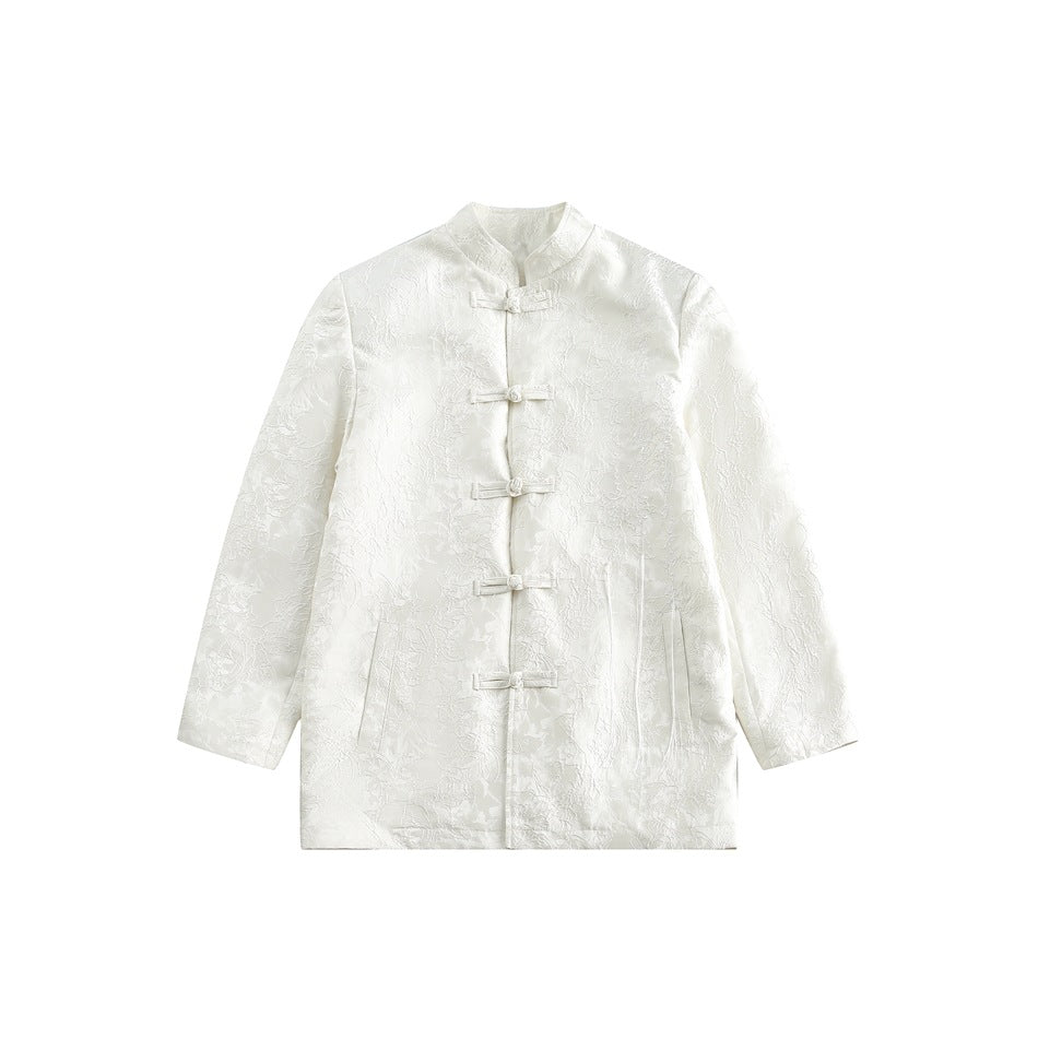 White stand-collar jacket with knotted frog-button front, tonal floral jacquard fabric and front pockets