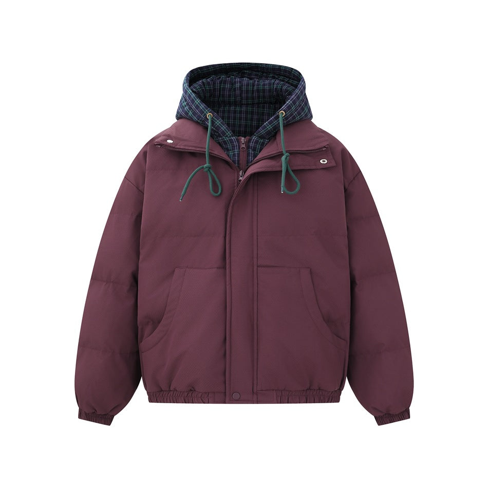 Burgundy puffer-style jacket with navy and green plaid hood layer, green drawcords and front pockets, flat front view