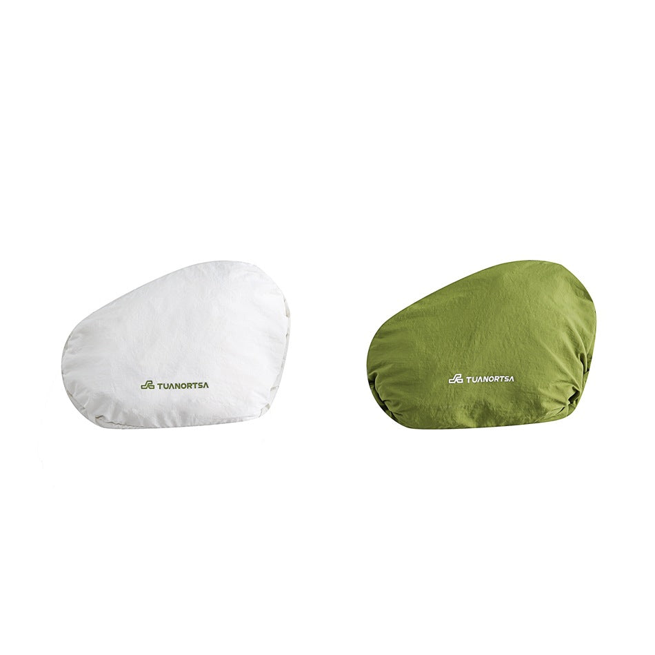Two soft fabric pouches, one white and one olive green, each with a small printed logo.