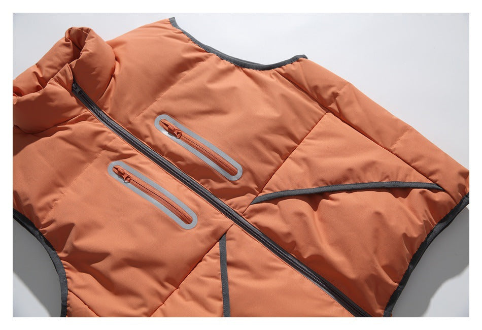 Partial front view of an orange padded vest laid flat, showing a high collar, center zipper and two zip pockets.