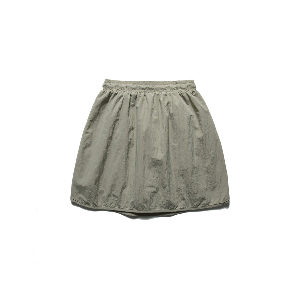 Back view of a light gray-green skirt with a gathered elastic waistband and a plain, gently flared body.