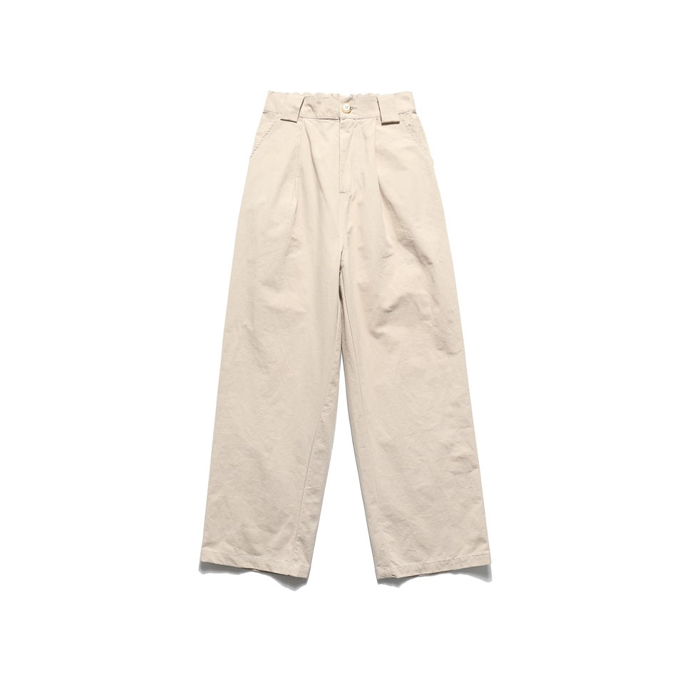 Light khaki beige wide-leg pleated pants with button waist and belt loops, flat lay front view