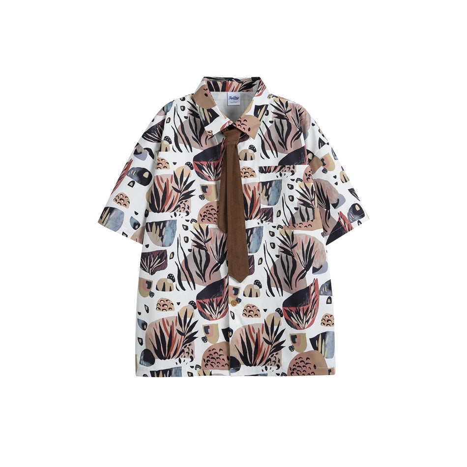 White short-sleeve shirt with abstract botanical print, chest pocket and brown neck tie, flat front view