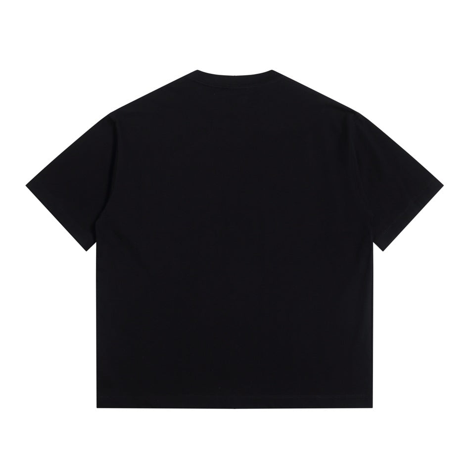 Back view of a plain black short-sleeve crew-neck T-shirt, flat lay