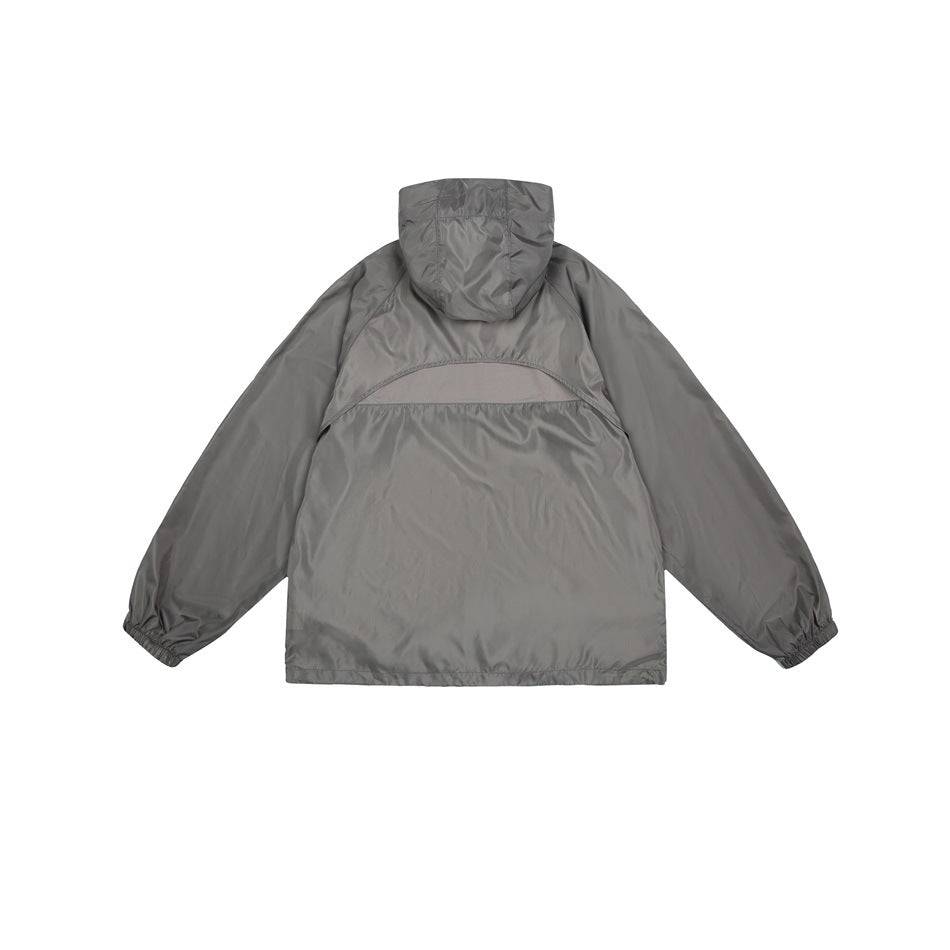 Back view of a gray hooded jacket with a curved mesh panel across the upper back.