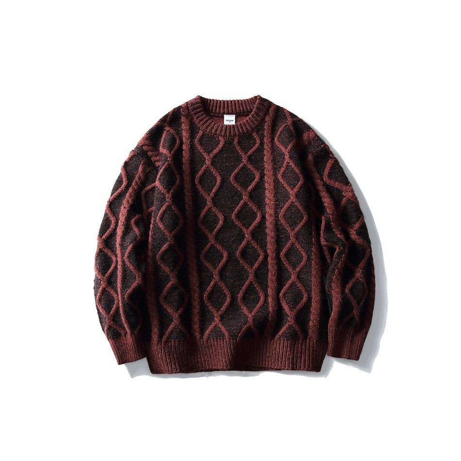 Red and black diamond cable-knit crew-neck sweater, flat front view