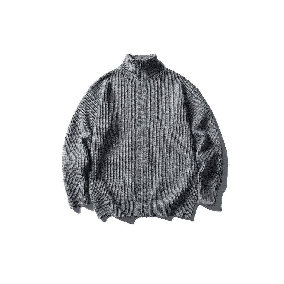 Heather gray ribbed knit zip-front sweater with stand collar, flat lay front view