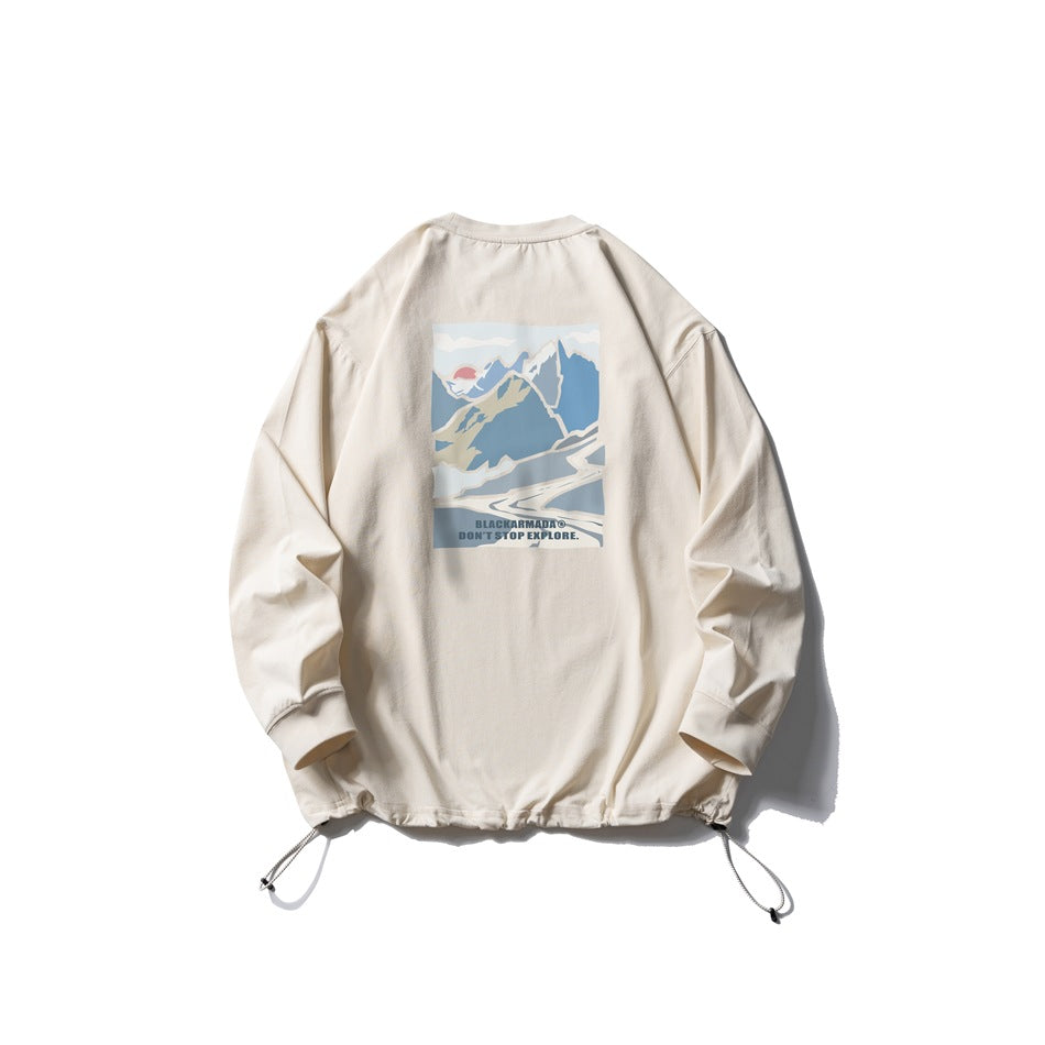 Off-white sweatshirt back with a mountain graphic, English slogan, ribbed cuffs, and adjustable hem drawstrings.