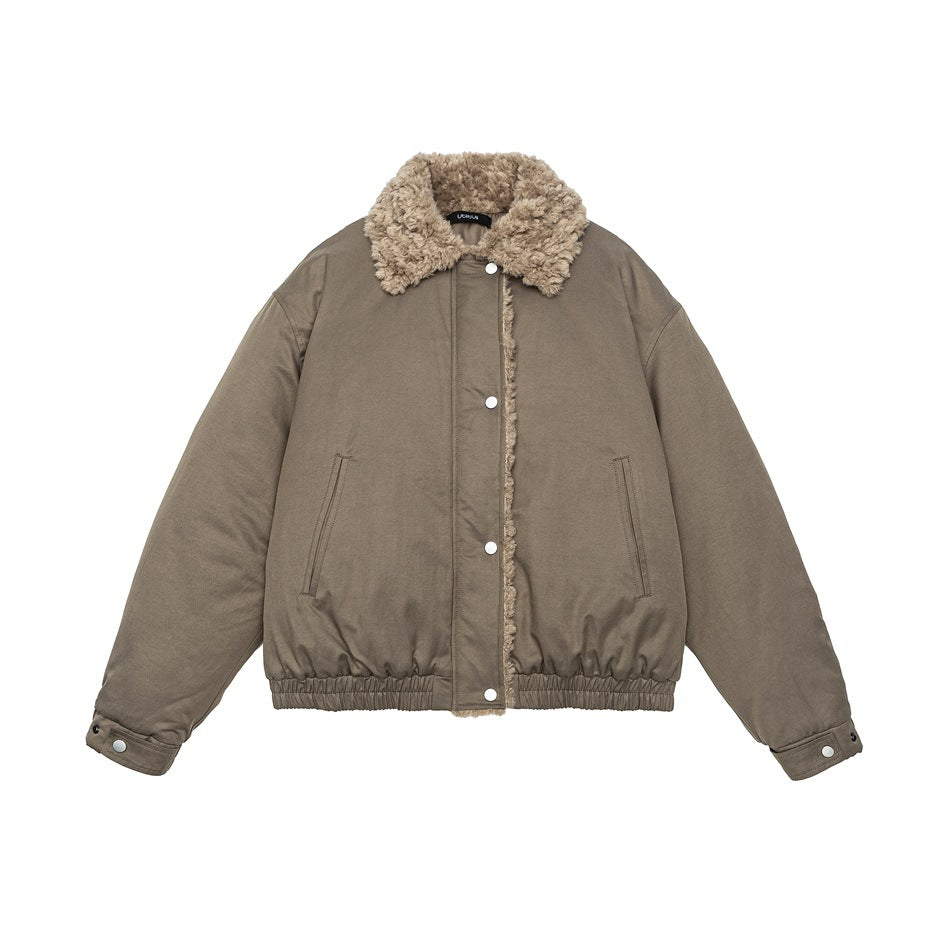 Coffee brown bomber-style jacket with textured tan collar, snap front, side pockets and elastic hem, flat lay