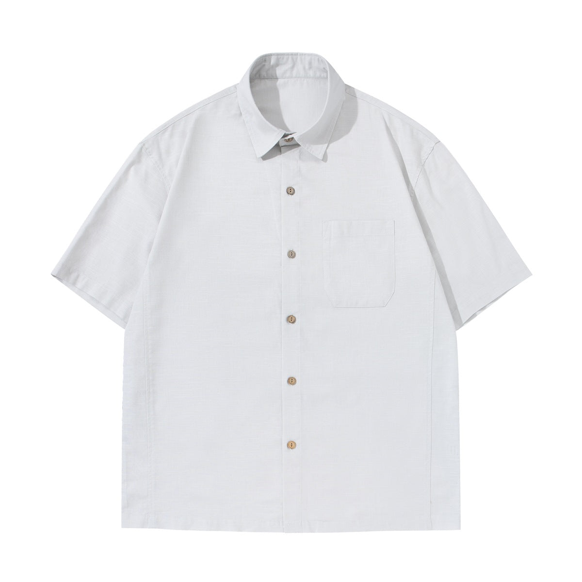 White short-sleeve button-up shirt, flat front view, with pointed collar, wood-look buttons and chest patch pocket