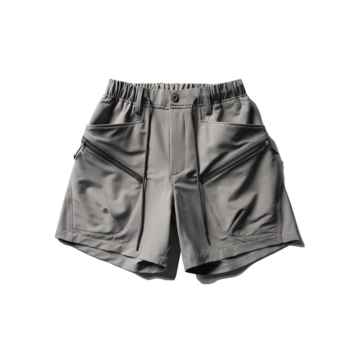 Light gray wide-leg shorts with elastic waist, drawcord and diagonal zipper front pockets, flat lay