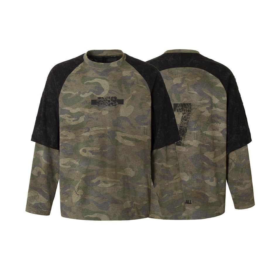 Front and back views of an olive camouflage raglan top with black short sleeves, long camouflage sleeves, and distressed