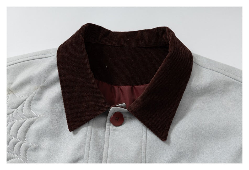 Close-up of the jacket's dark brown collar, red-brown top button, and quilted shoulder stitching.