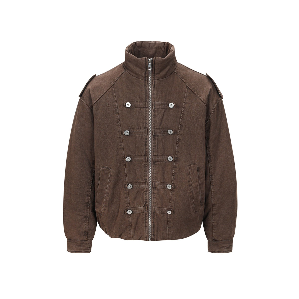 Dark brown stand-collar zip jacket with double rows of button tabs, shoulder epaulettes and slip pockets, flat front view