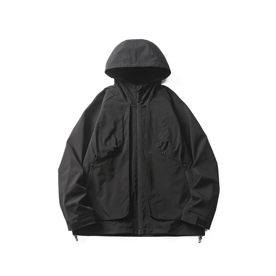 Black hooded zip-up jacket with large front flap pockets, shown flat on a white background