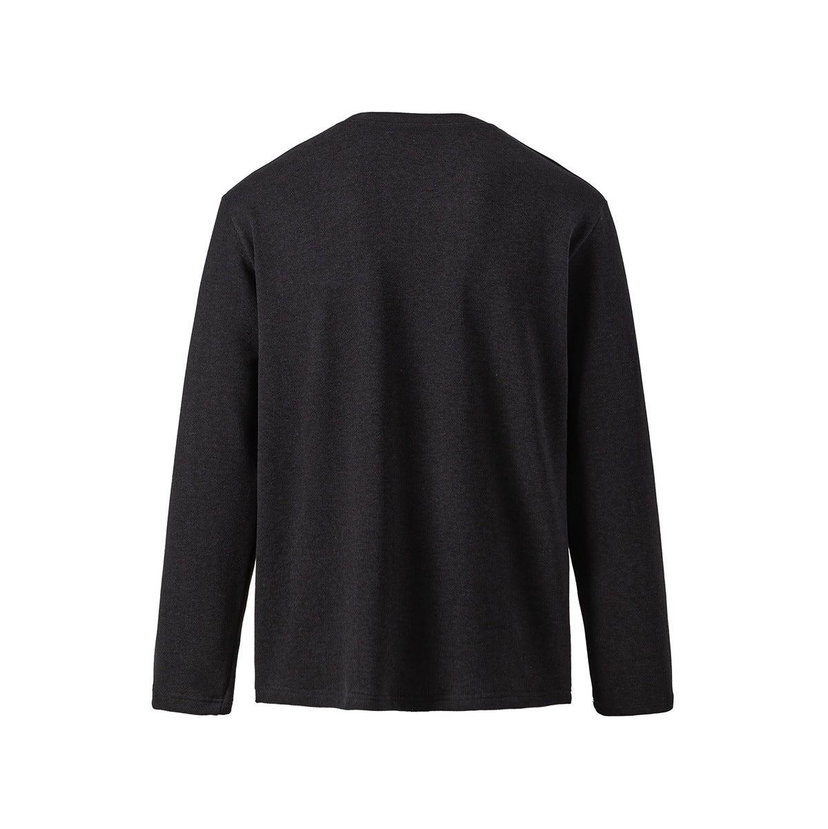 Black long-sleeve crew-neck pullover top, flat back view with plain back panel