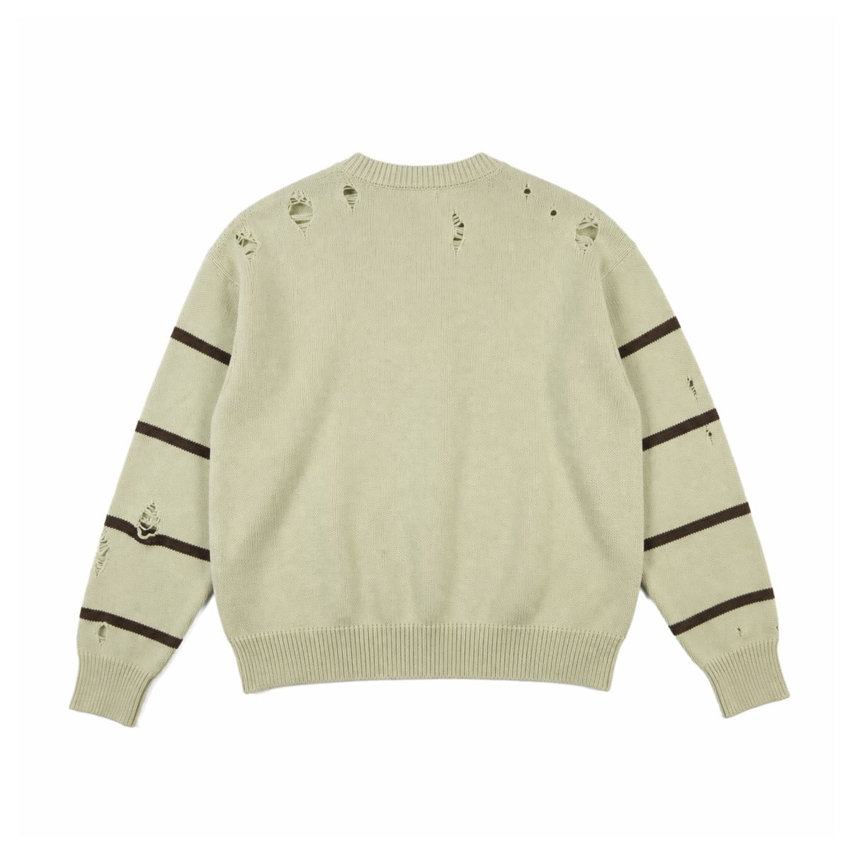 Back view of grey-green knit sweater with brown sleeve stripes and distressed holes on the shoulders and sleeves