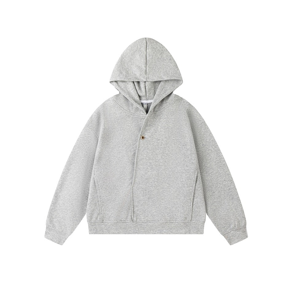 Heather gray hooded sweatshirt flat lay with diagonal front placket, single button and ribbed cuffs and hem