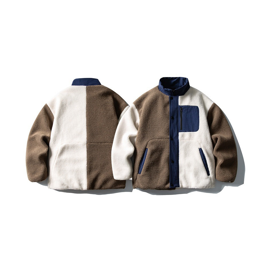 Brown, cream and navy color-block fleece-textured jacket shown front and back side by side on white