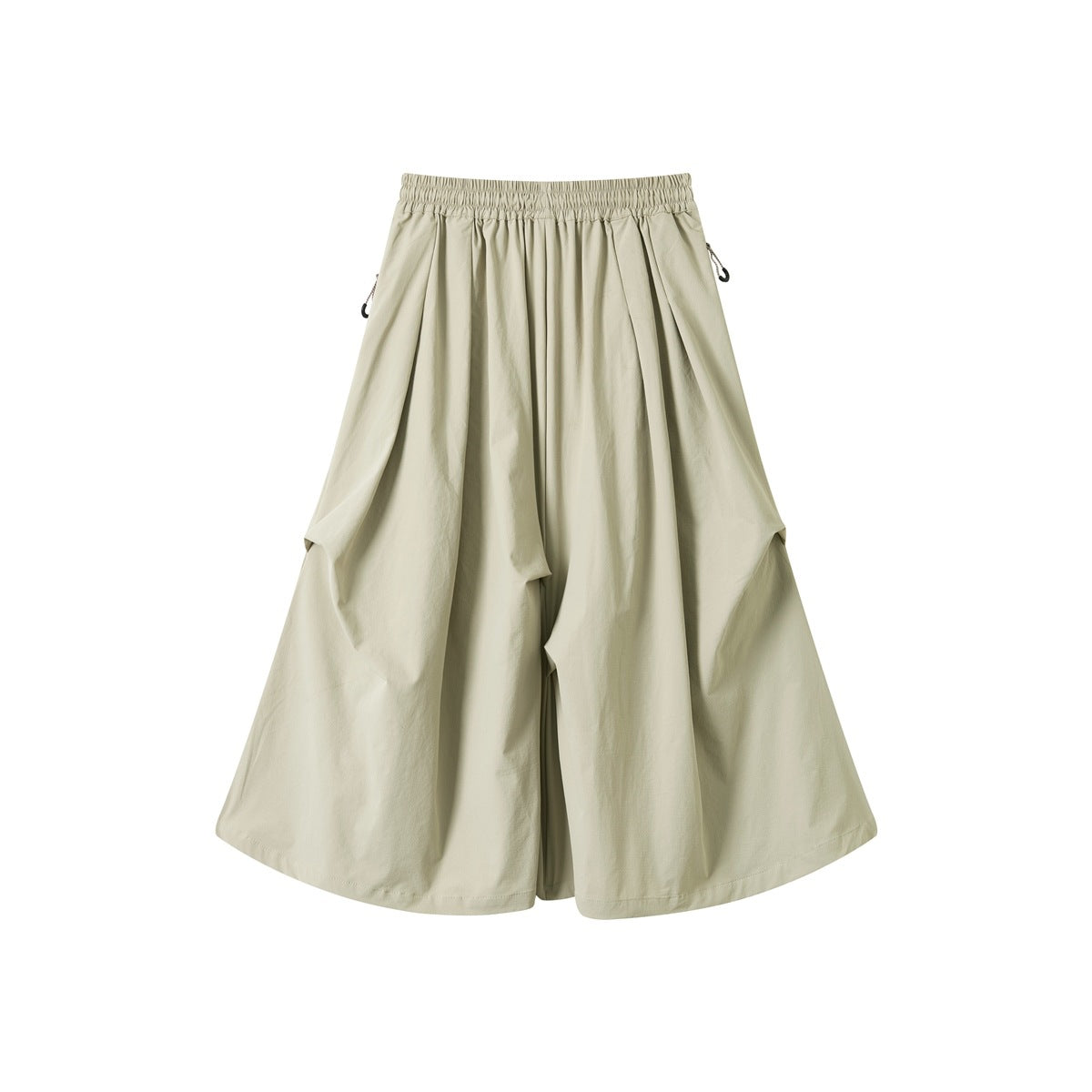 Back view of pale sage, draped wide-leg pants with an elastic waistband and side cord toggles.