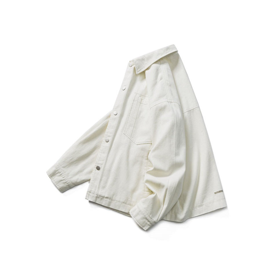 Off-white collared shirt-jacket with snap buttons, a chest pocket, and long sleeves, arranged against a white background.