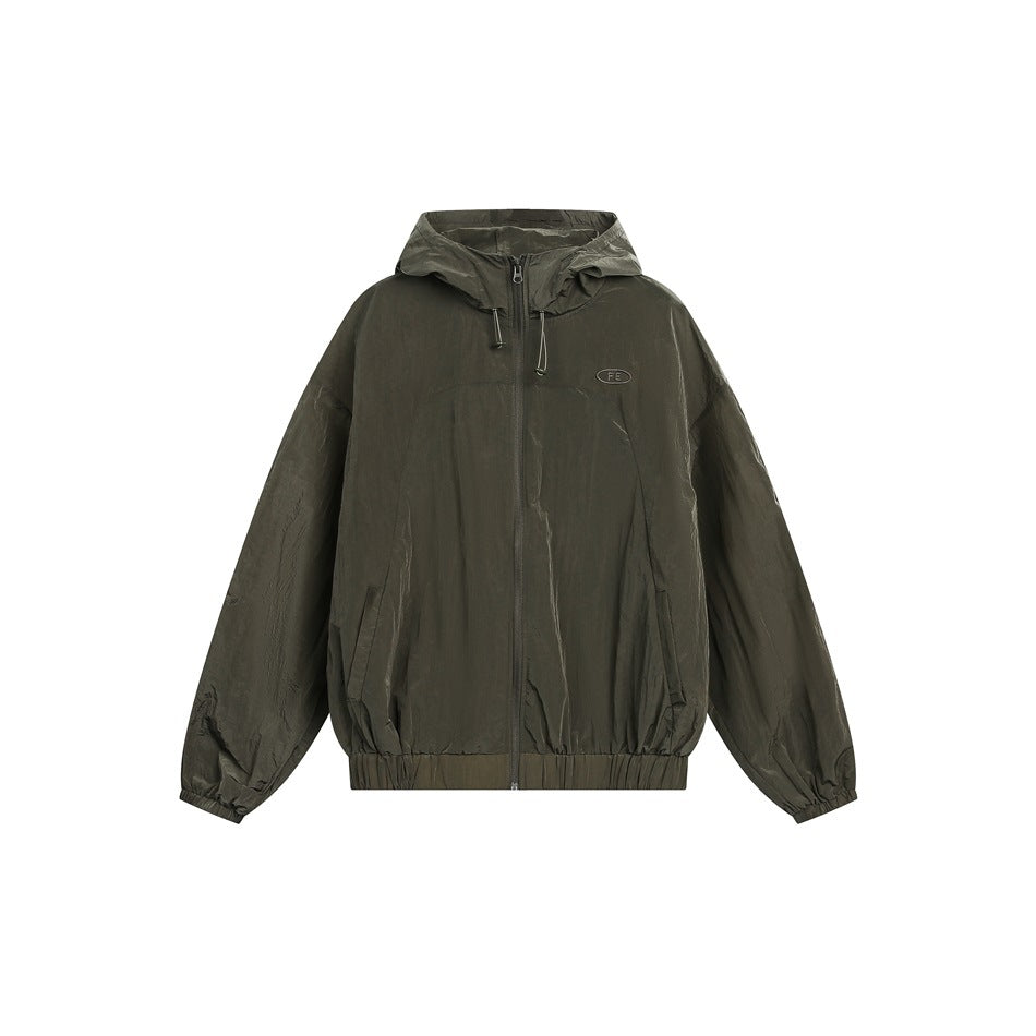 Olive green hooded zip-up lightweight jacket flat front view with drawcord hood, elastic hem and cuffs