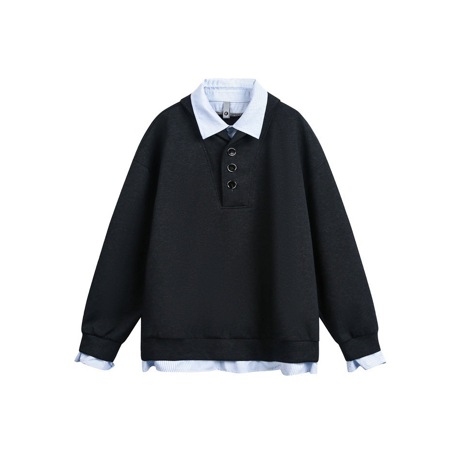 Dark gray pullover sweatshirt flat lay with light blue gingham collar, three buttons, cuffs and hem layer