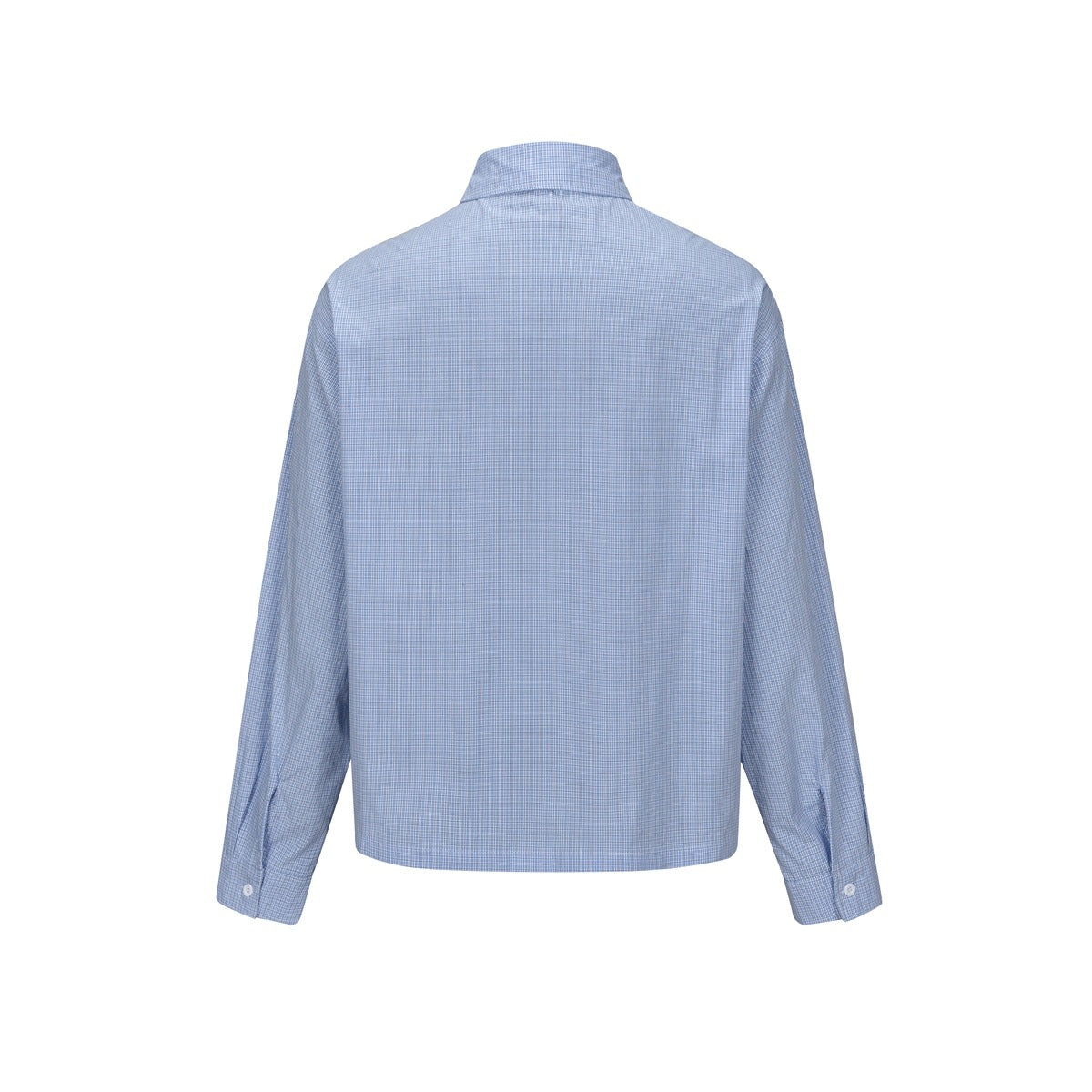 Back view of a light blue fine-check button-up shirt with long sleeves and buttoned cuffs.