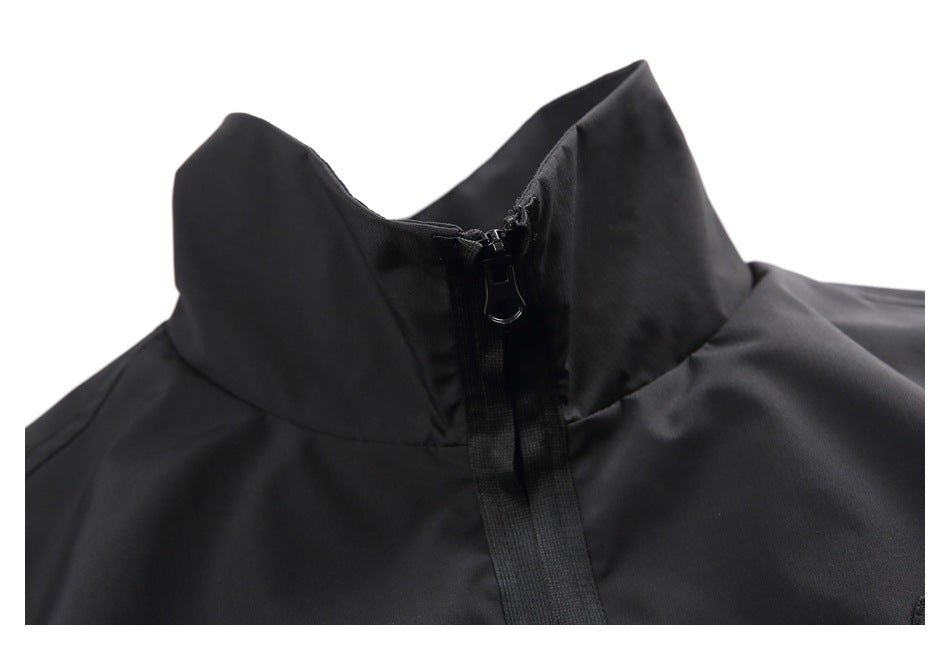 Close-up of the black jacket's high collar and front zipper with a ring-shaped pull.