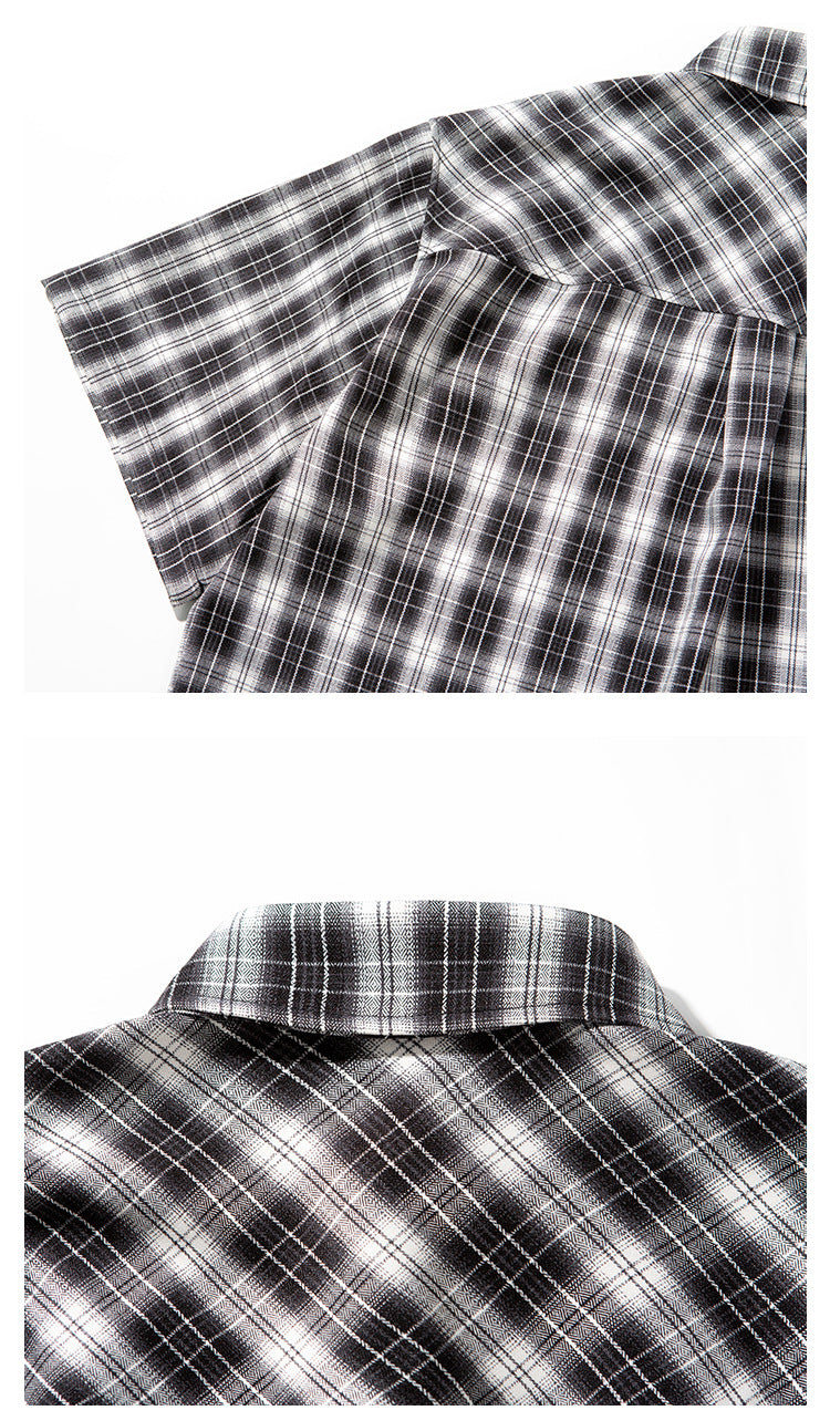 Close-up views of a black-and-white plaid shirt’s sleeve, collar, and upper back.
