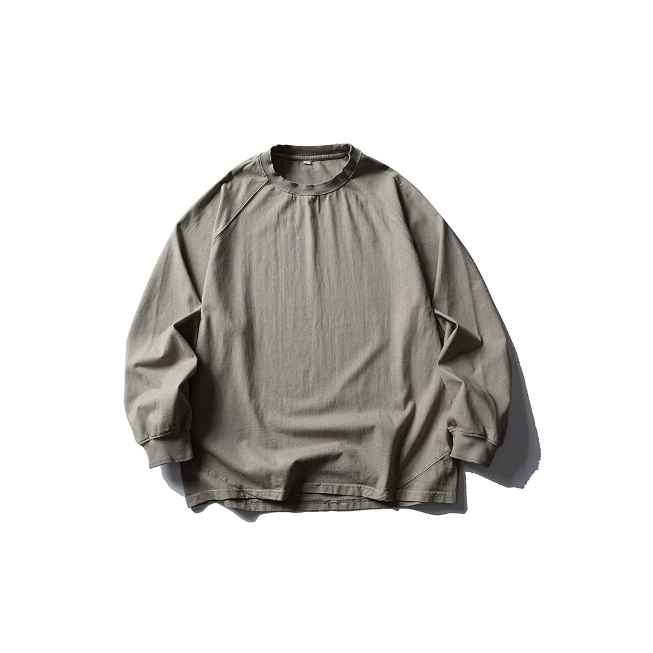 Light khaki long-sleeve raglan crew-neck T-shirt flat lay, front view