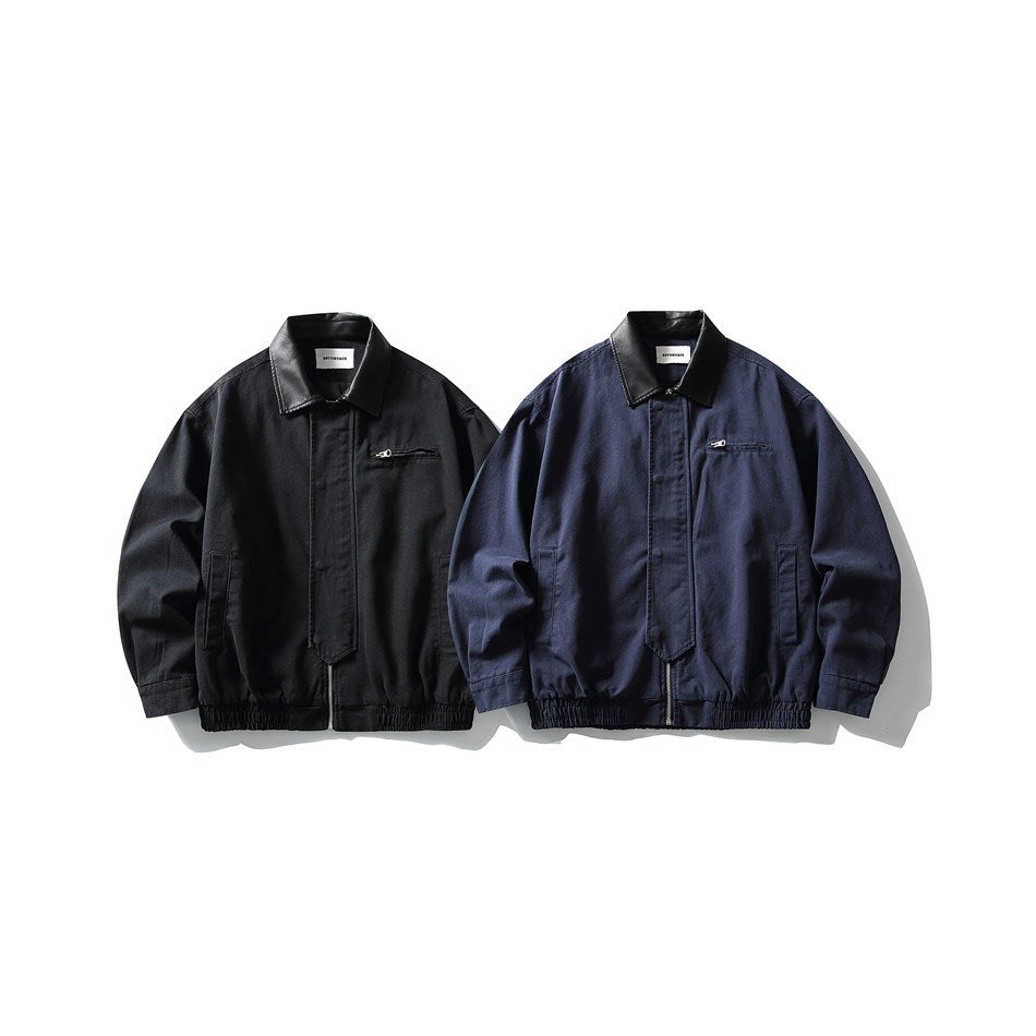 Two front-facing jackets, one black and one navy, each with a black collar, zip pockets, and elastic hems.