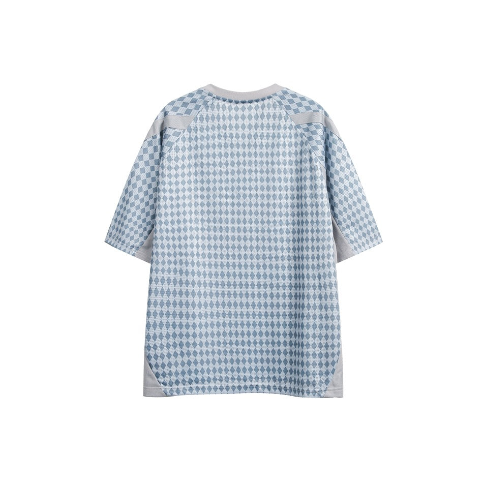 Back of a light blue diamond-print short-sleeve jersey tee with gray contrast raglan sleeves and side panels