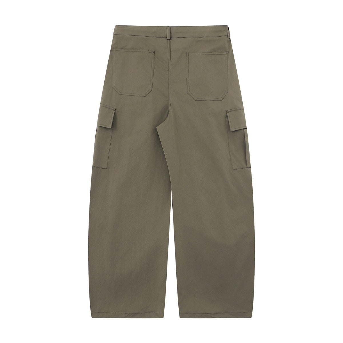 Back view of olive-gray wide-leg cargo pants with two rear patch pockets and side cargo pockets.