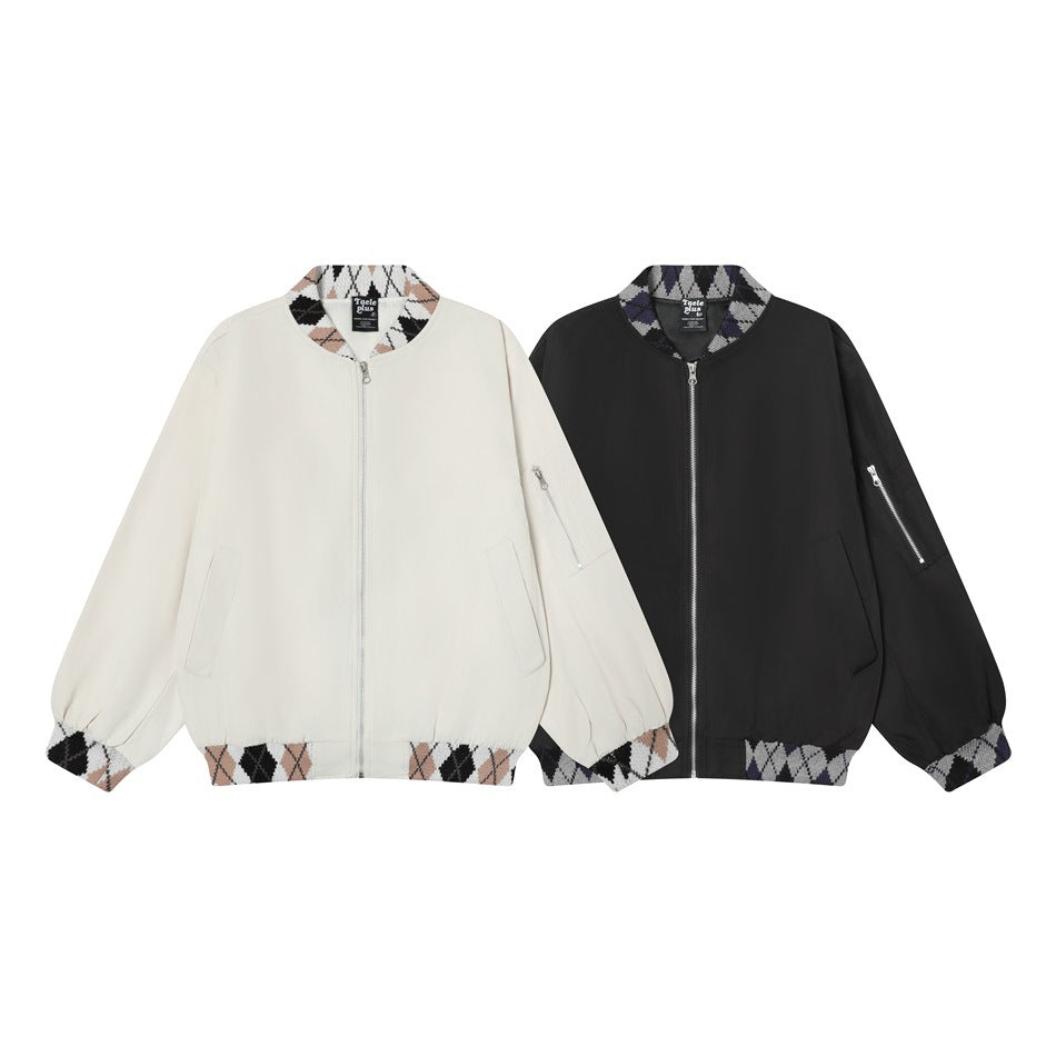 Ivory and black zip-front jackets shown side by side, each with patterned knit collar, cuffs, and hem.