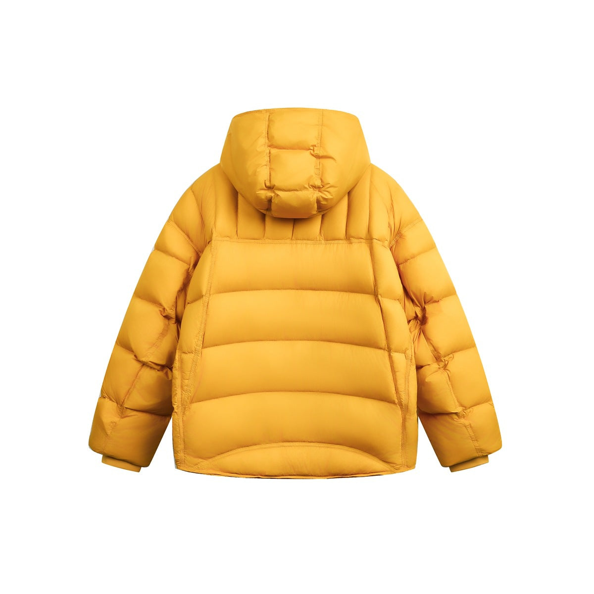 Back view of a yellow hooded puffer jacket with horizontal quilted panels.