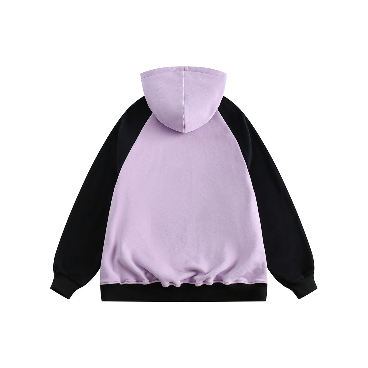 Back view of a lavender hoodie with black raglan sleeves, cuffs, and hem, laid flat.